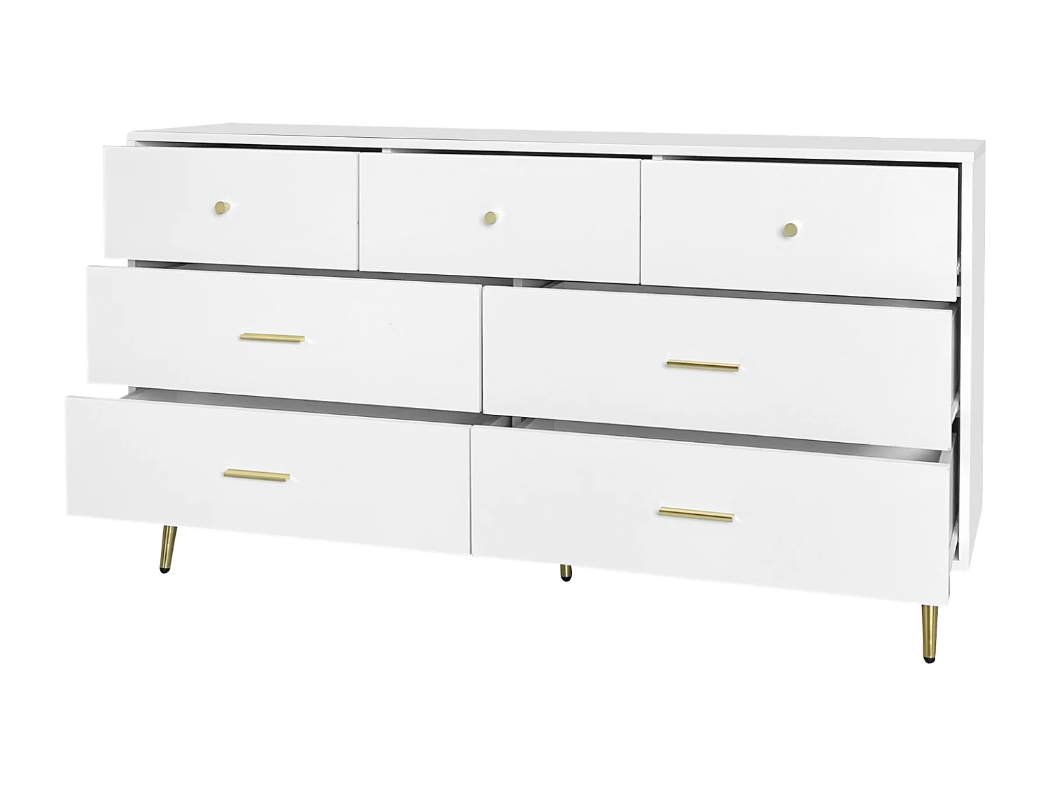 Buffet Blanc avec 7 Tiroirs, Poignées et Pieds Dorés, 140x35x76 cm - Pour Cuisine et Salon