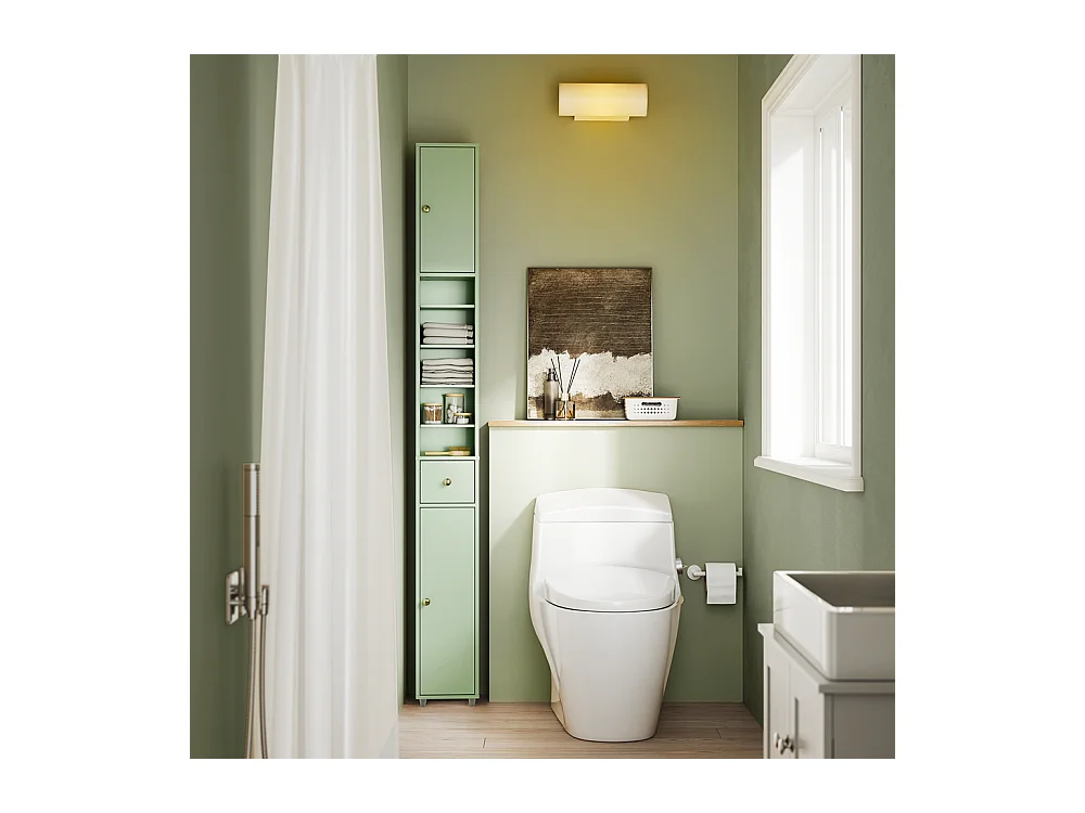 Armoire Étroite pour Salle de Bain avec Tiroir, Vert, 20x20x180 cm, BZR34-II-GR