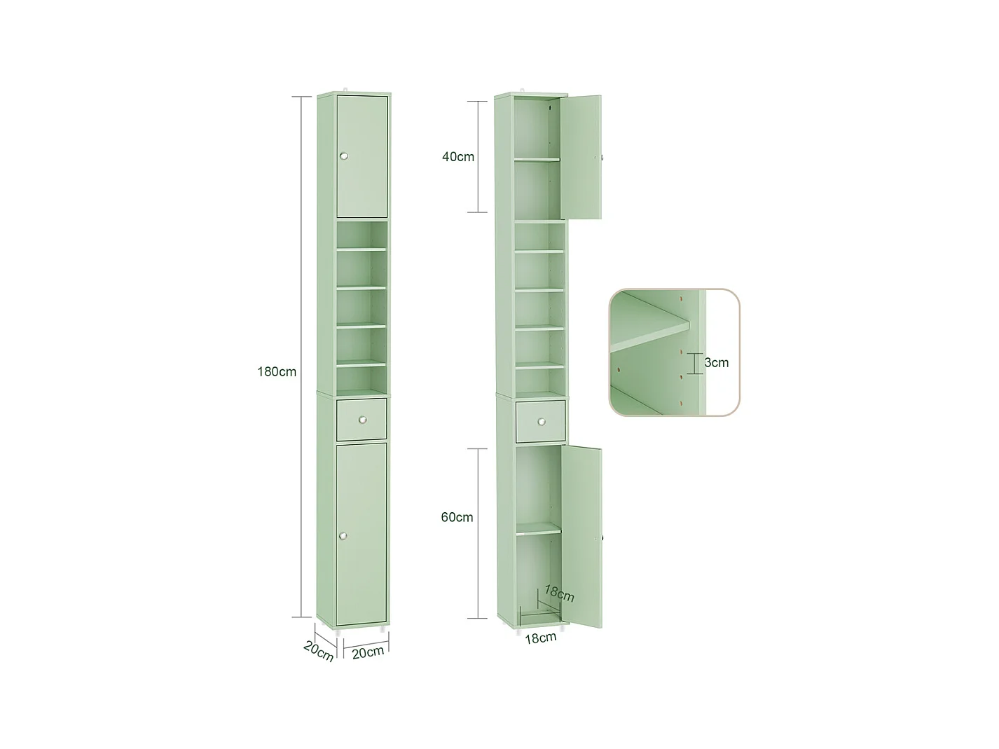 Armoire Étroite pour Salle de Bain avec Tiroir, Vert, 20x20x180 cm, BZR34-II-GR