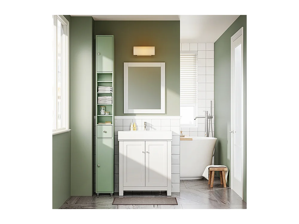 Armoire Étroite pour Salle de Bain avec Tiroir, Vert, 20x20x180 cm, BZR34-II-GR