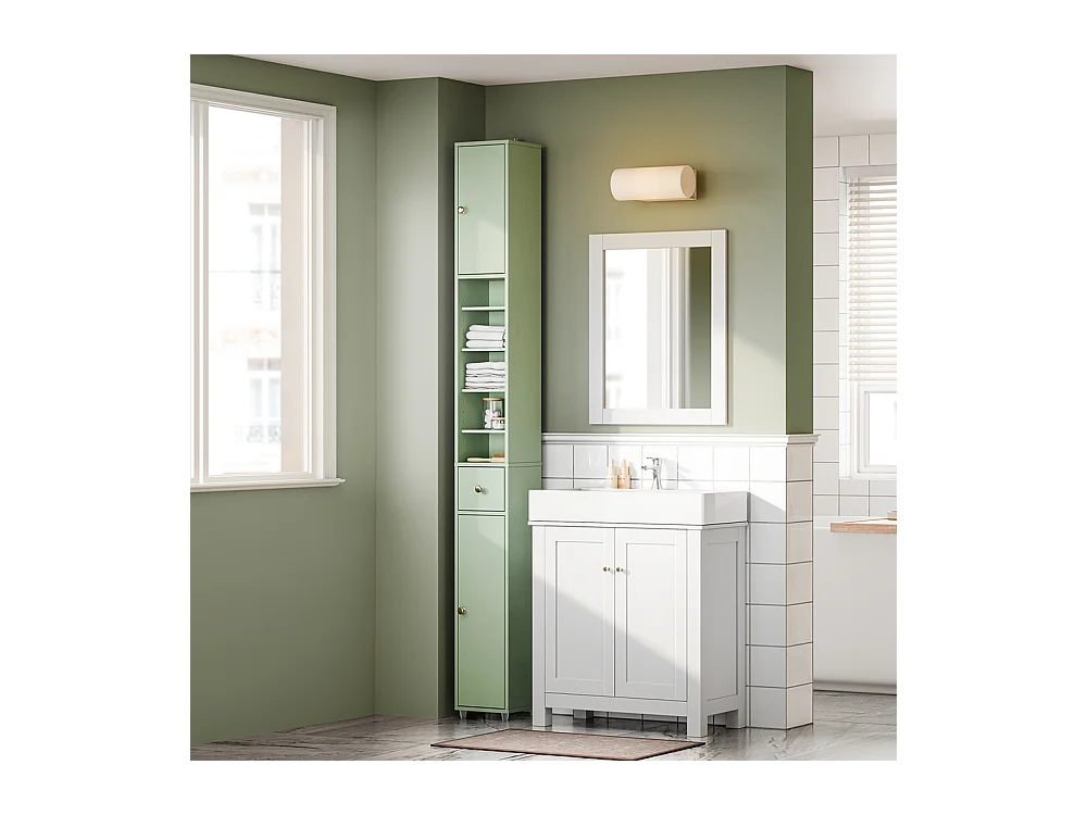 Armoire Étroite pour Salle de Bain avec Tiroir, Vert, 20x20x180 cm, BZR34-II-GR
