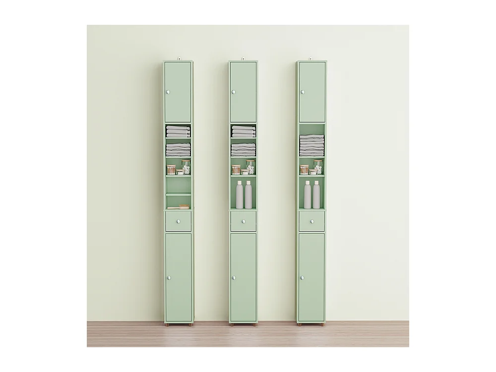 Armoire Étroite pour Salle de Bain avec Tiroir, Vert, 20x20x180 cm, BZR34-II-GR