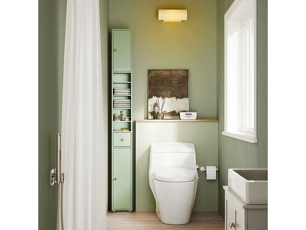 Armoire Étroite pour Salle de Bain avec Tiroir, Vert, 20x20x180 cm, BZR34-II-GR