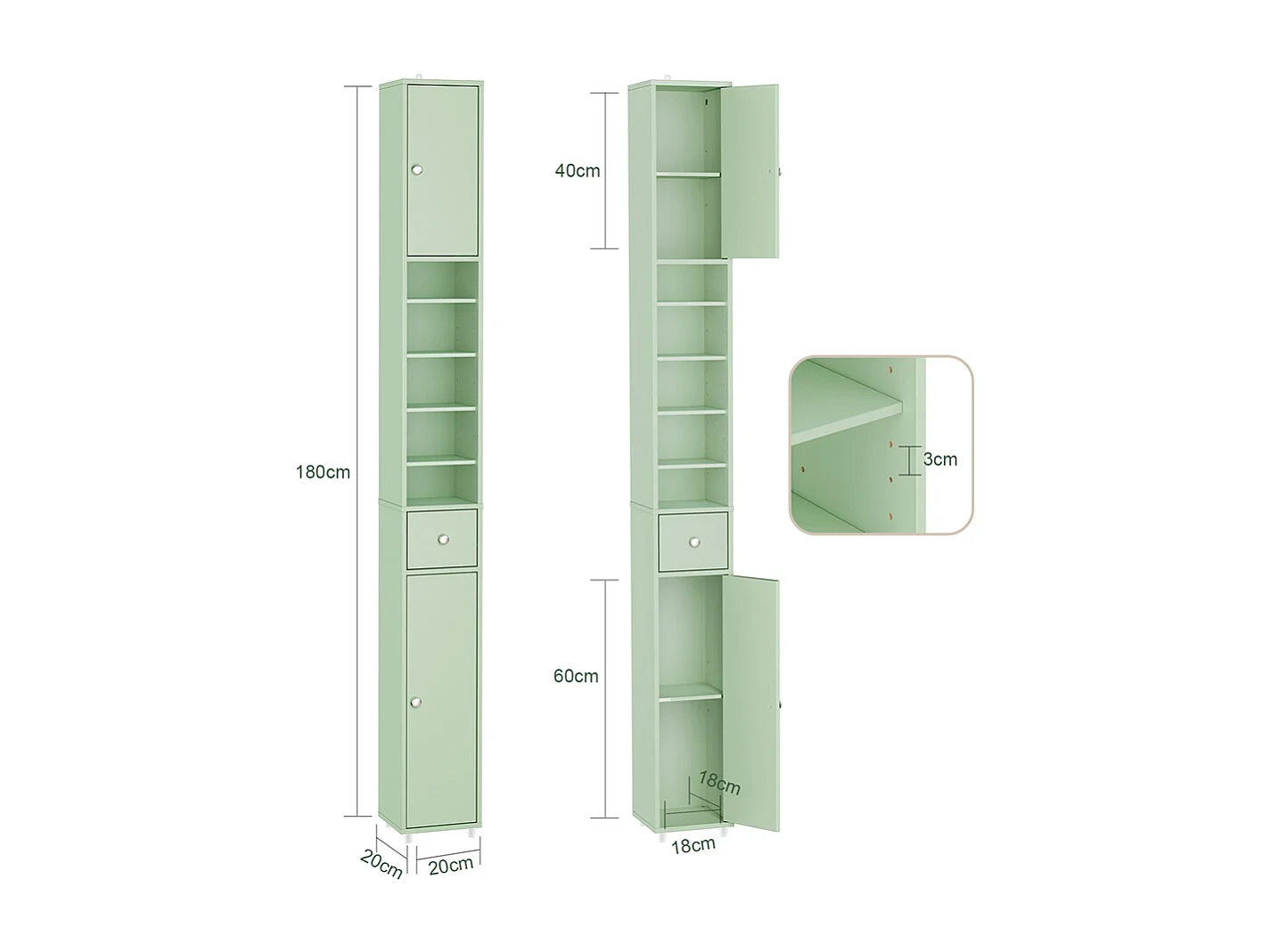 Armoire Étroite pour Salle de Bain avec Tiroir, Vert, 20x20x180 cm, BZR34-II-GR