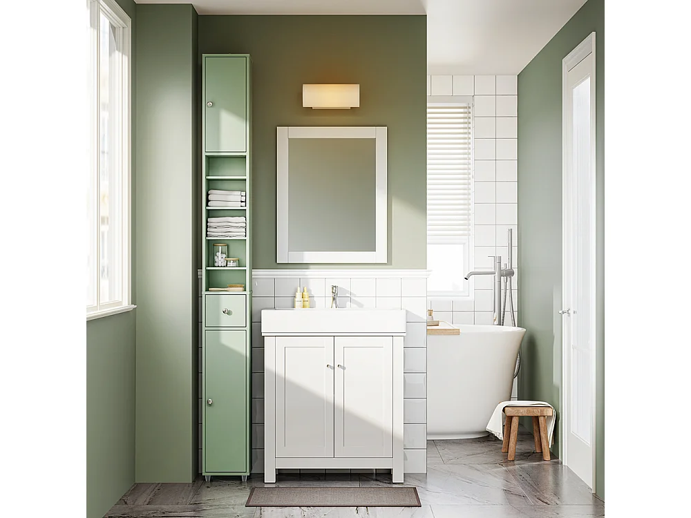 Armoire Étroite pour Salle de Bain avec Tiroir, Vert, 20x20x180 cm, BZR34-II-GR