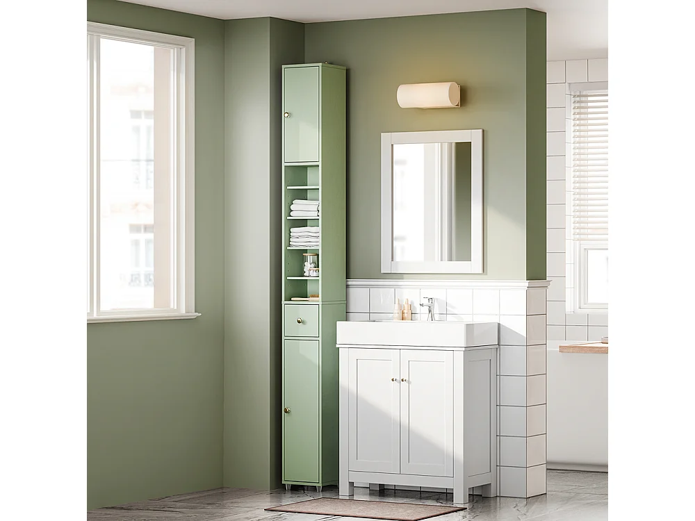 Armoire Étroite pour Salle de Bain avec Tiroir, Vert, 20x20x180 cm, BZR34-II-GR