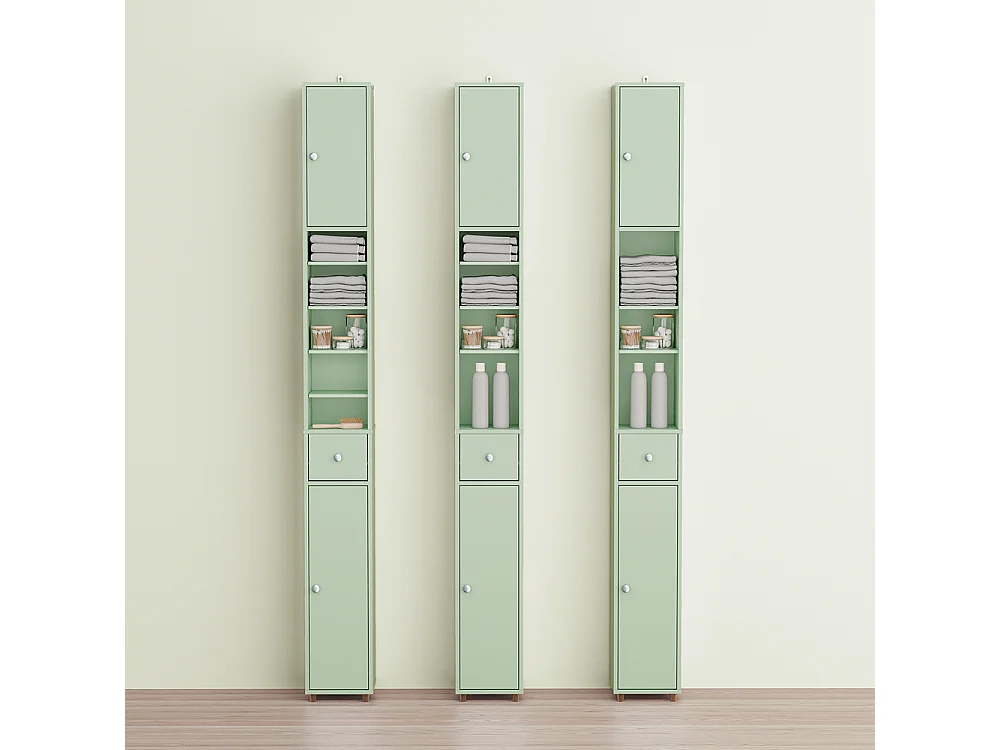 Armoire Étroite pour Salle de Bain avec Tiroir, Vert, 20x20x180 cm, BZR34-II-GR