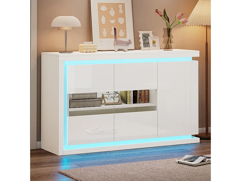 Aparador moderno de 140 x 40 x 84 cm con iluminación LED, puertas de cristal templado, mueble de alto brillo, color blanco