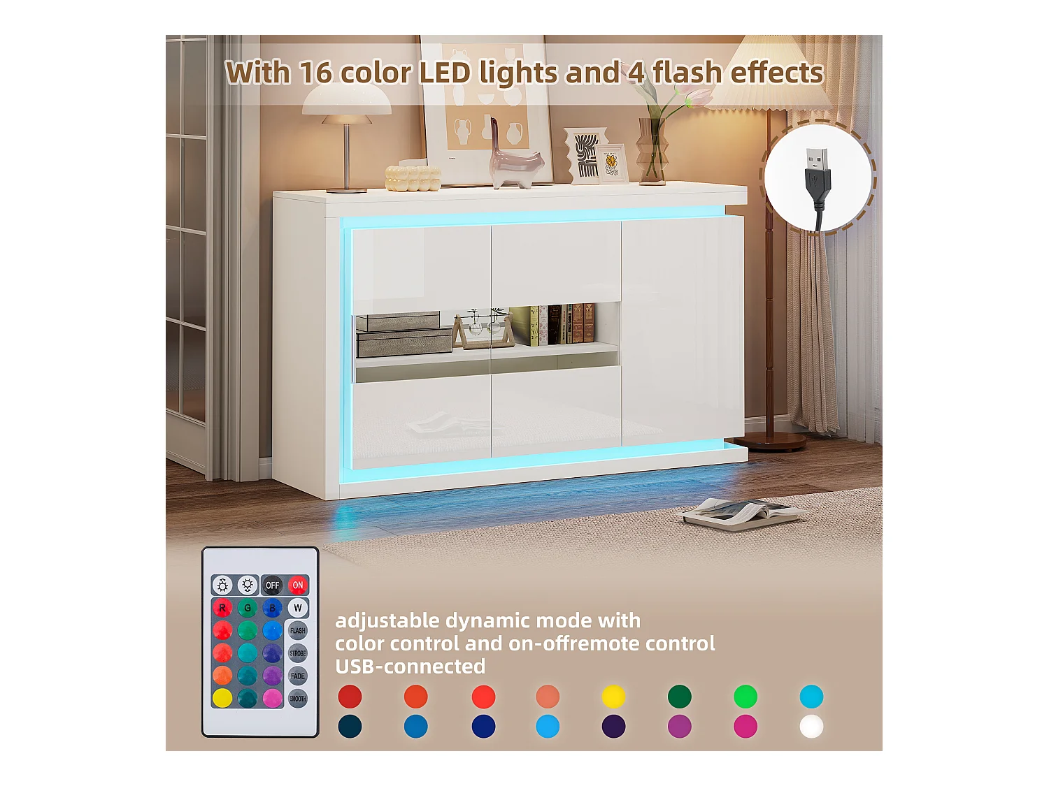 Buffet Moderne 140x40x84 cm avec Éclairage LED, Portes en Verre Trempé, Meuble Haut Brillant, Blanc