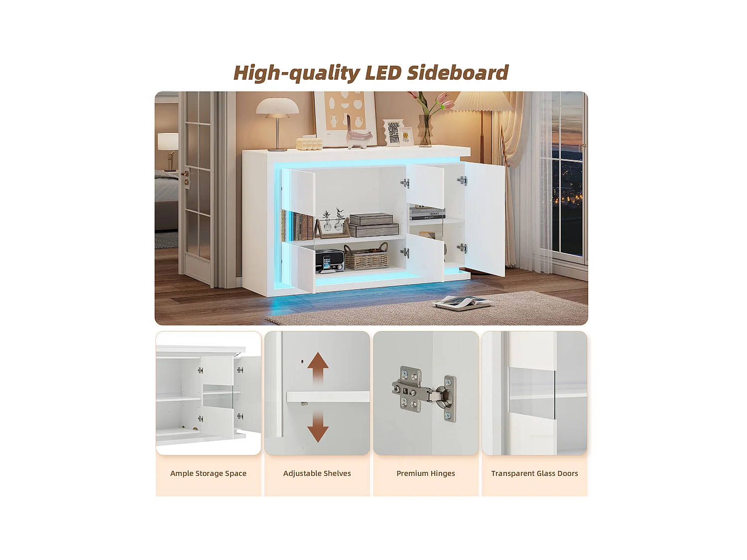 Buffet Moderne 140x40x84 cm avec Éclairage LED, Portes en Verre Trempé, Meuble Haut Brillant, Blanc