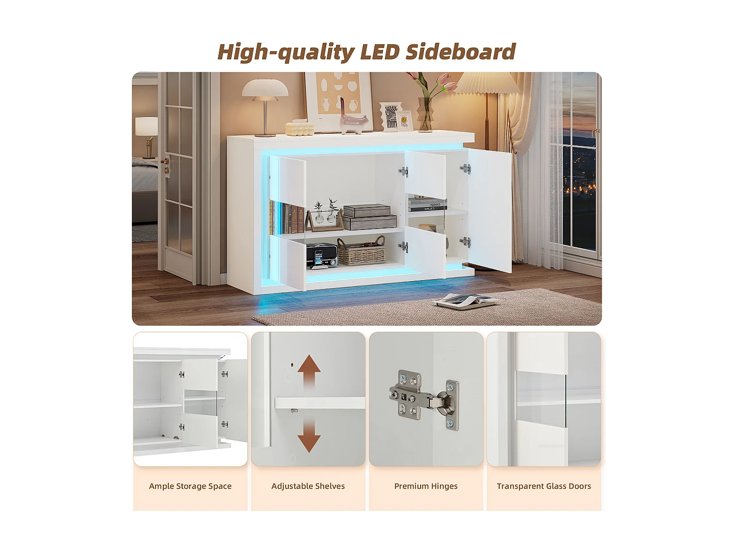 Buffet Moderne 140x40x84 cm avec Éclairage LED, Portes en Verre Trempé, Meuble Haut Brillant, Blanc