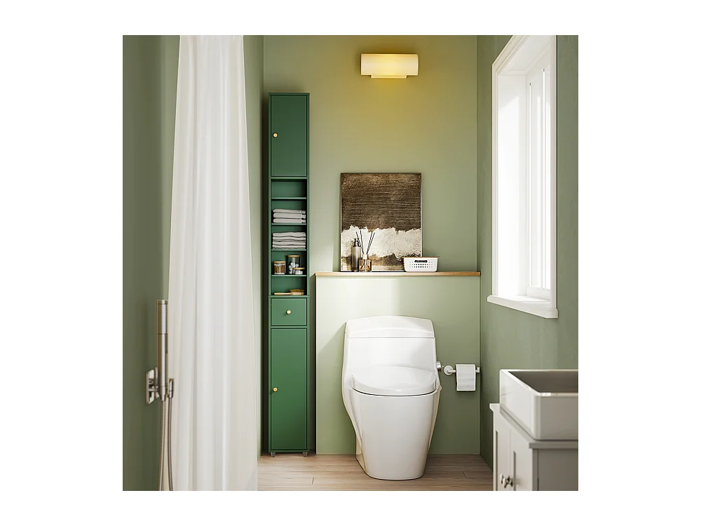 SoBuy Meuble Étroite pour Salle de Bain avec Tiroir et Étagères - Vert Foncé