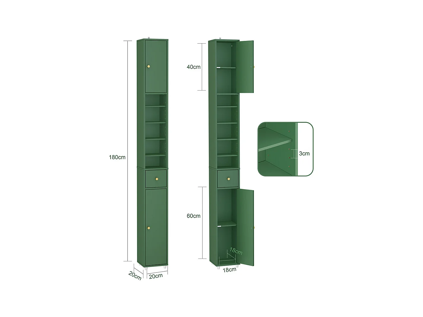 SoBuy Meuble Étroite pour Salle de Bain avec Tiroir et Étagères - Vert Foncé