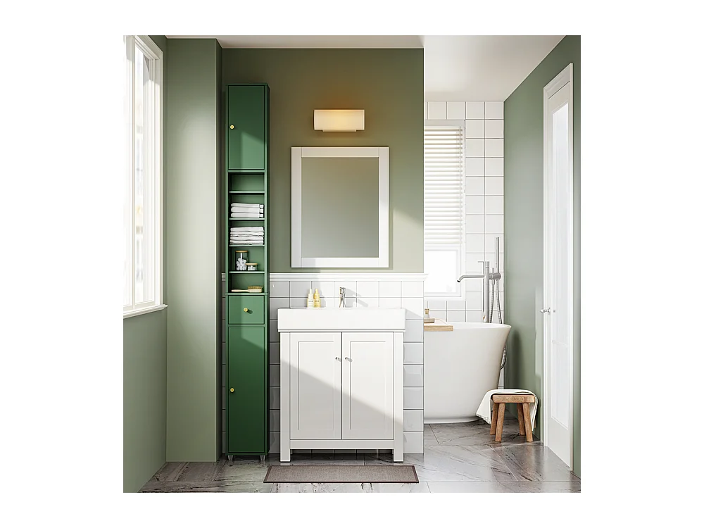 SoBuy Meuble Étroite pour Salle de Bain avec Tiroir et Étagères - Vert Foncé