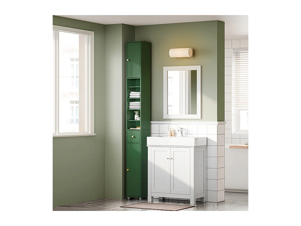 SoBuy Meuble Étroite pour Salle de Bain avec Tiroir et Étagères - Vert Foncé