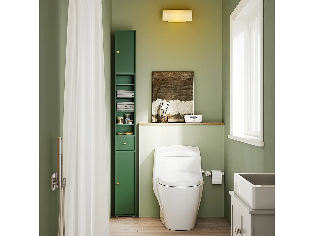 SoBuy Meuble Étroite pour Salle de Bain avec Tiroir et Étagères - Vert Foncé