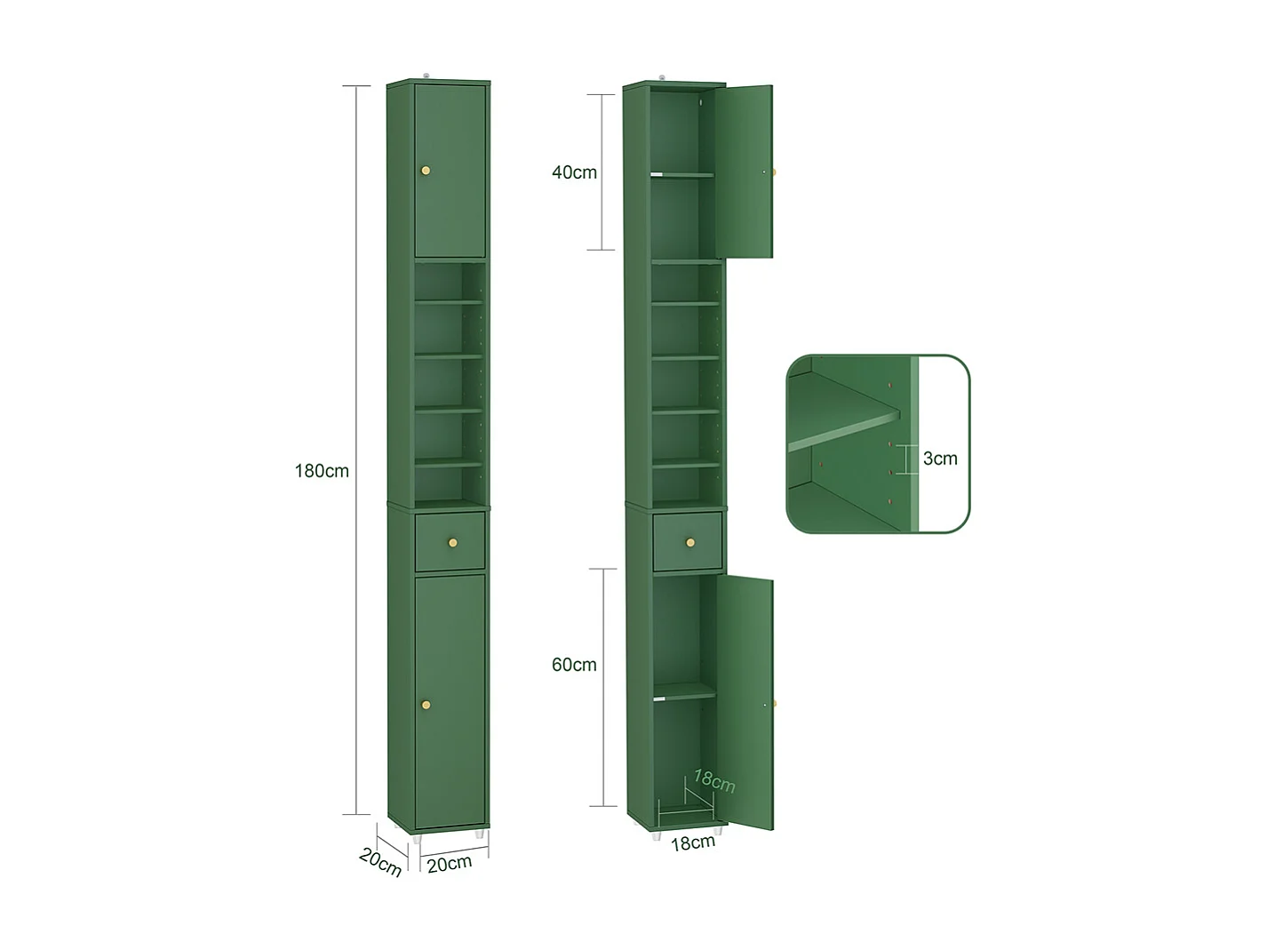 SoBuy Meuble Étroite pour Salle de Bain avec Tiroir et Étagères - Vert Foncé
