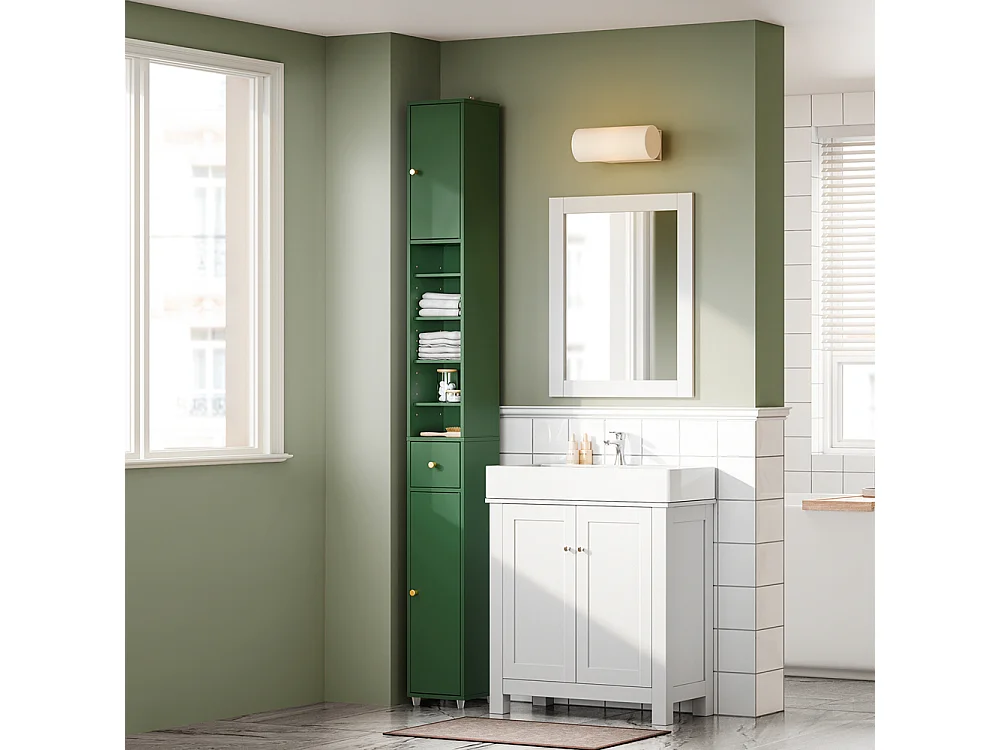 SoBuy Meuble Étroite pour Salle de Bain avec Tiroir et Étagères - Vert Foncé