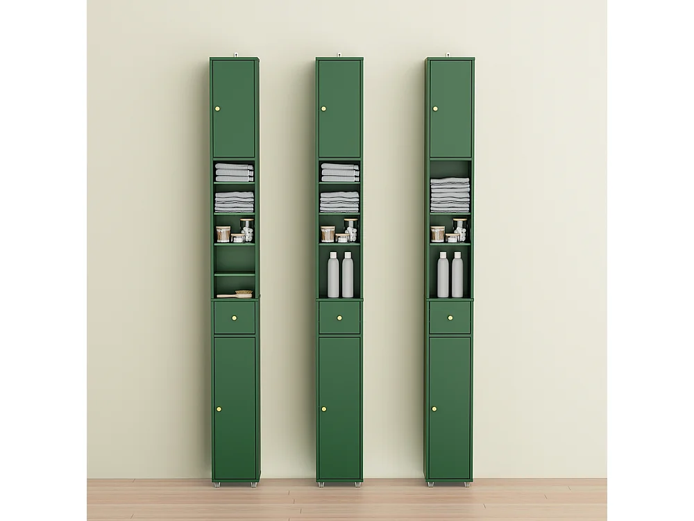 SoBuy Meuble Étroite pour Salle de Bain avec Tiroir et Étagères - Vert Foncé