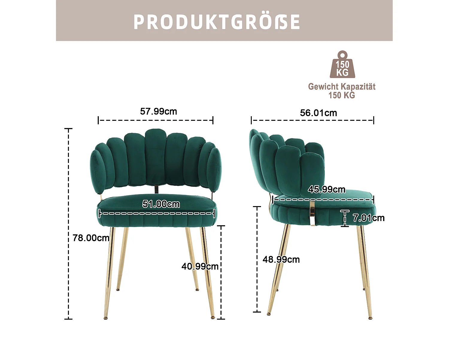 Lot de 2 chaises en velours vert émeraude avec pieds dorés et accoudoirs ronds, design en forme de pétale