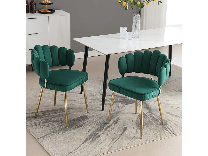 Lot de 2 chaises en velours vert émeraude avec pieds dorés et accoudoirs ronds, design en forme de pétale