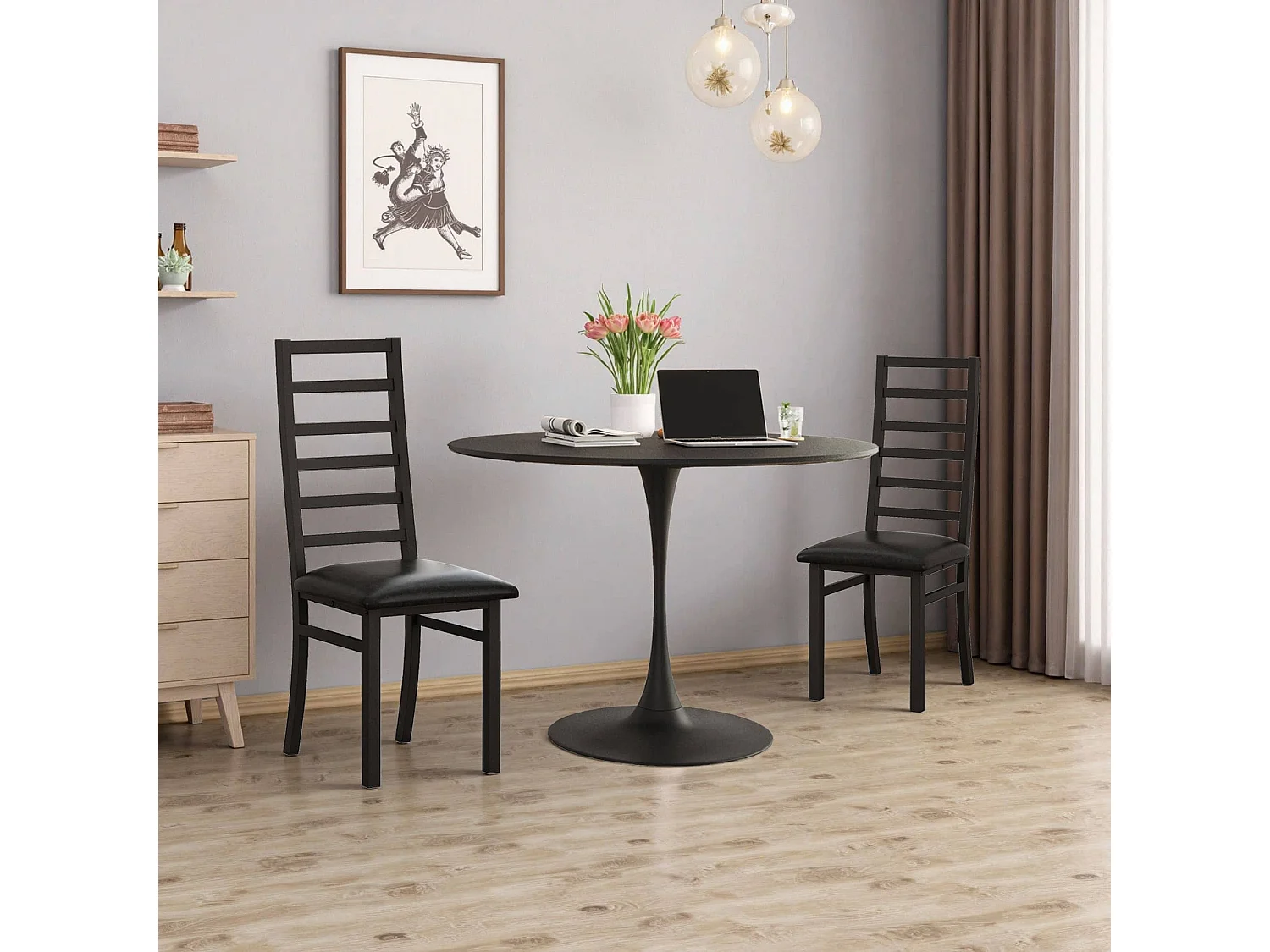 Lot de 2 chaises en PU noir avec pieds en métal et dossiers hauts