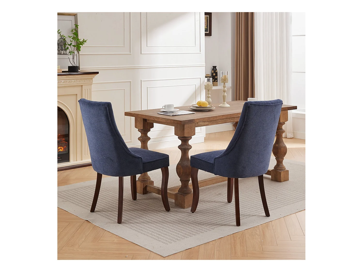 Lot de 2 chaises bleu avec pieds en bois courbés et dossiers hauts