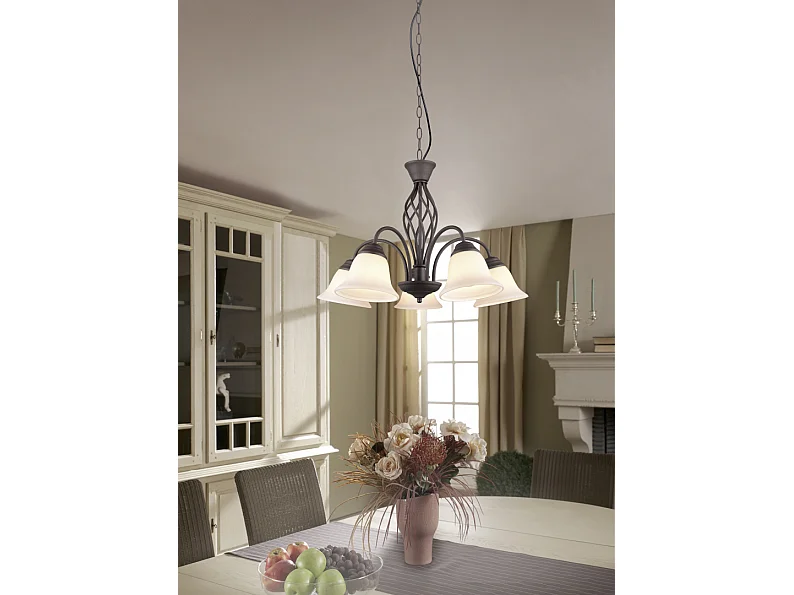 Lampada a sospensione 5 luci, metallo, ruggine, 60x150x60 cm, Rustica