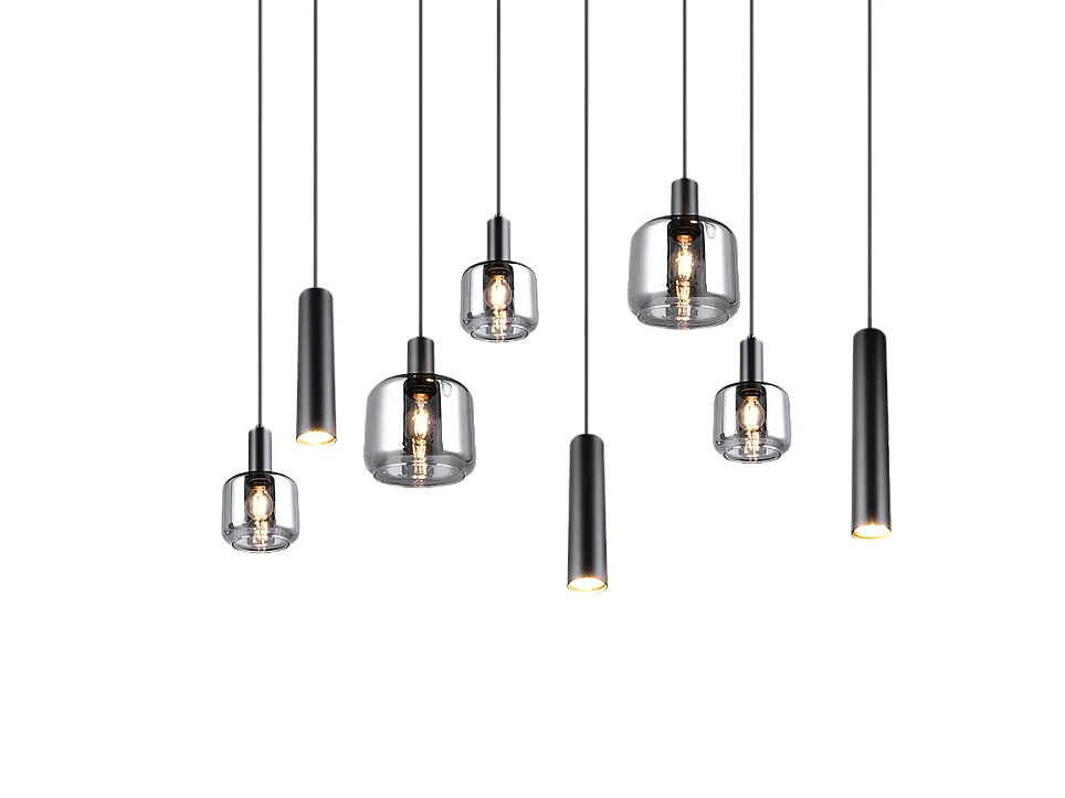 Lampada a sospensione 2 luci, metallo, nero opaco, 118x150x34 cm, Mataro