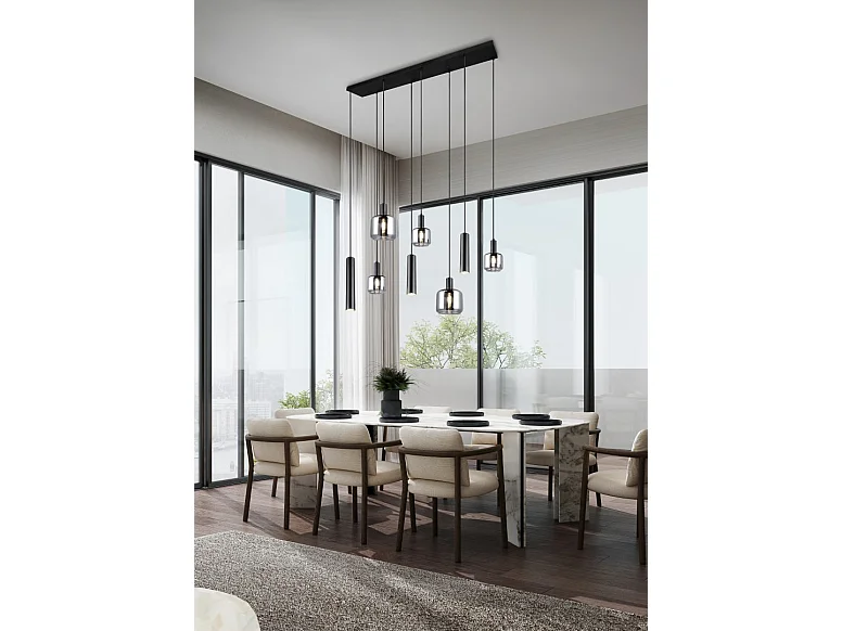 Lampada a sospensione 2 luci, metallo, nero opaco, 118x150x34 cm, Mataro