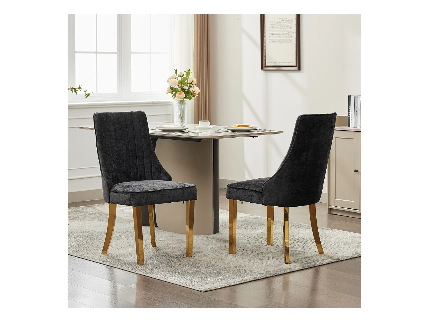 Lot de 2 chaises noir avec pieds dorés, chenille floquée en rayonne