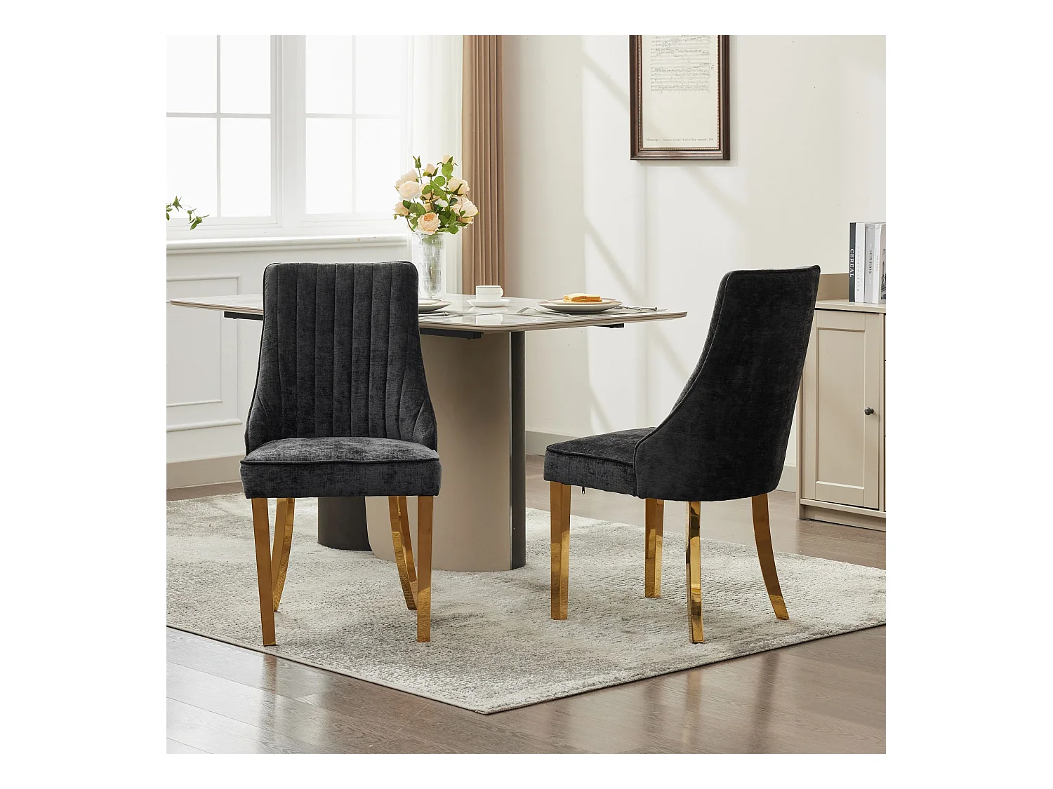 Lot de 2 chaises noir avec pieds dorés, chenille floquée en rayonne