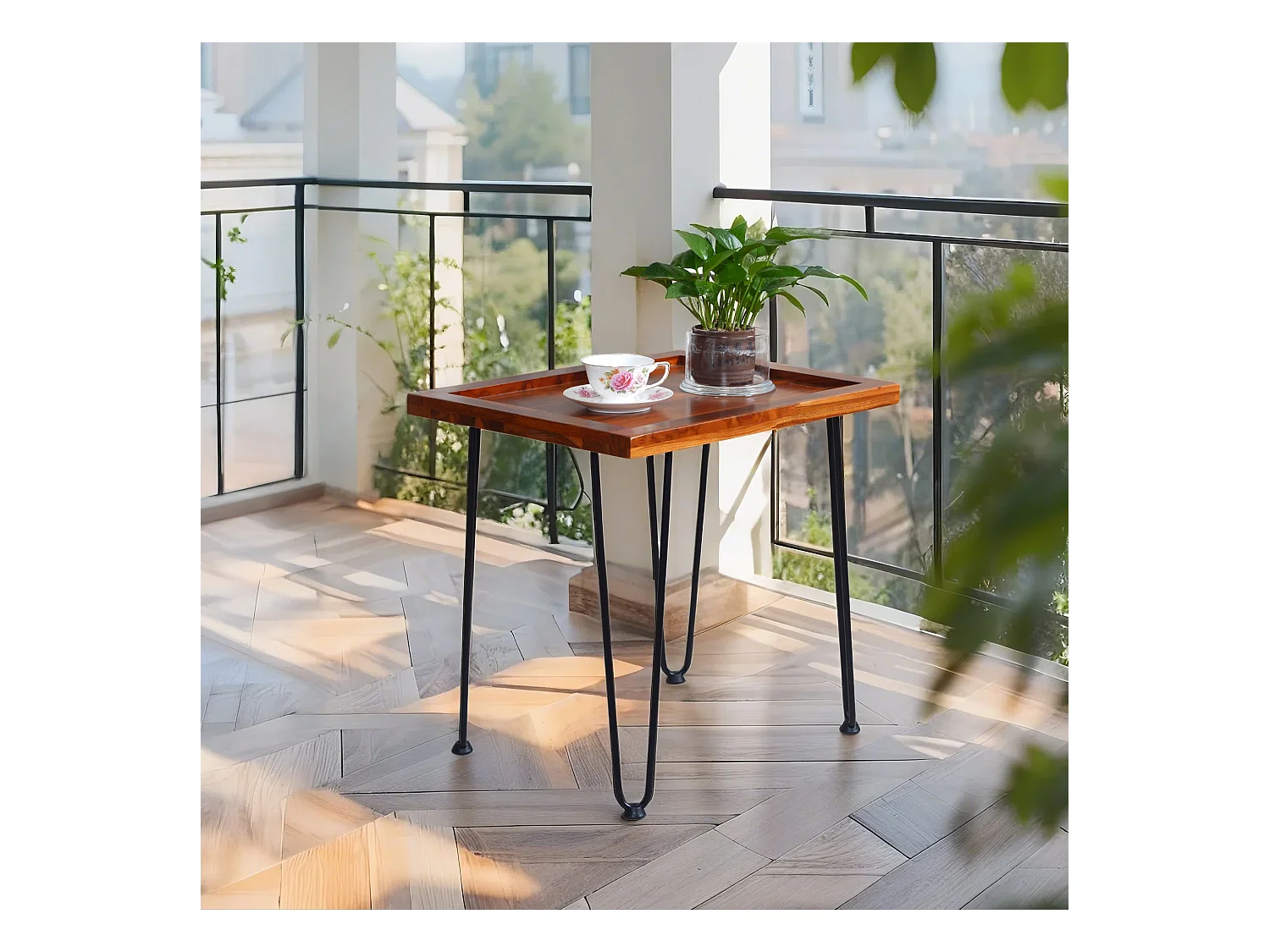 Table basse en bois texturé, pieds noirs 55,5x45x53cm