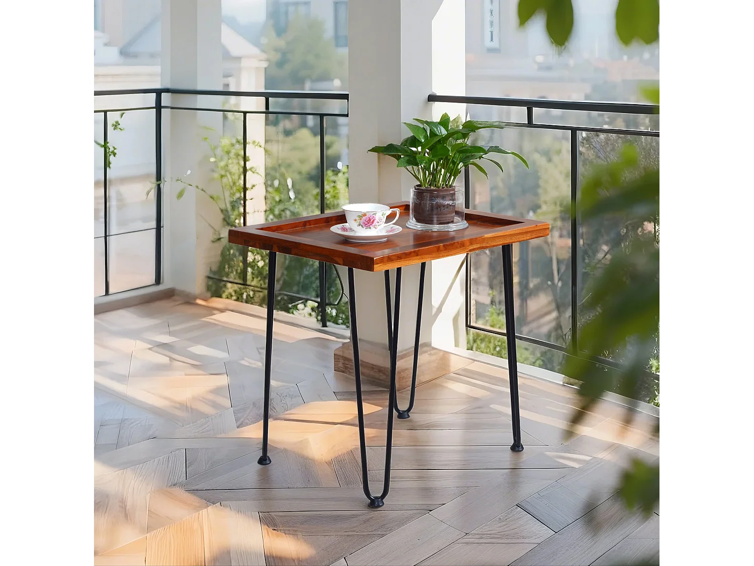 Table basse en bois texturé, pieds noirs 55,5x45x53cm