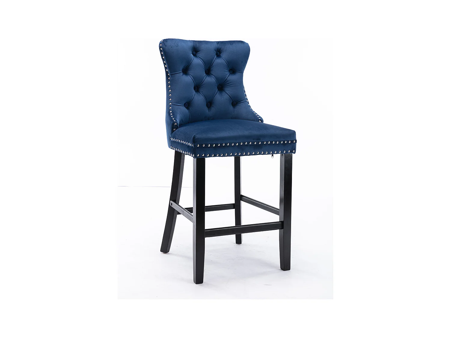 Lot de 2 chaises en velours bleu avec capitonnage à boutons et garniture à têtes de clous, pieds en bois