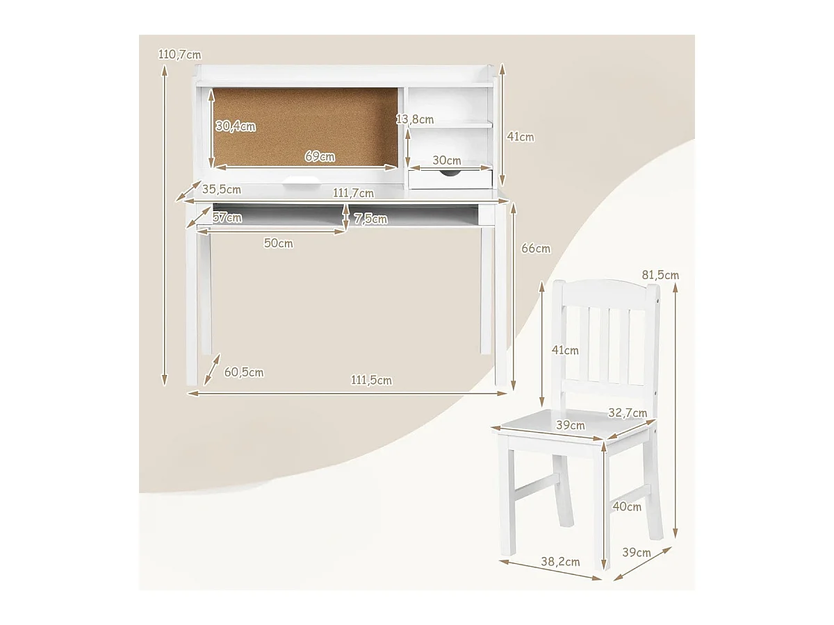 Kinderschreibtisch Set mit Pinnwand Schreibtisch Kinder mit Stuhl Jugendschreibtisch mit Aufsatz Schubladen & verstellbarem Regal Weiß