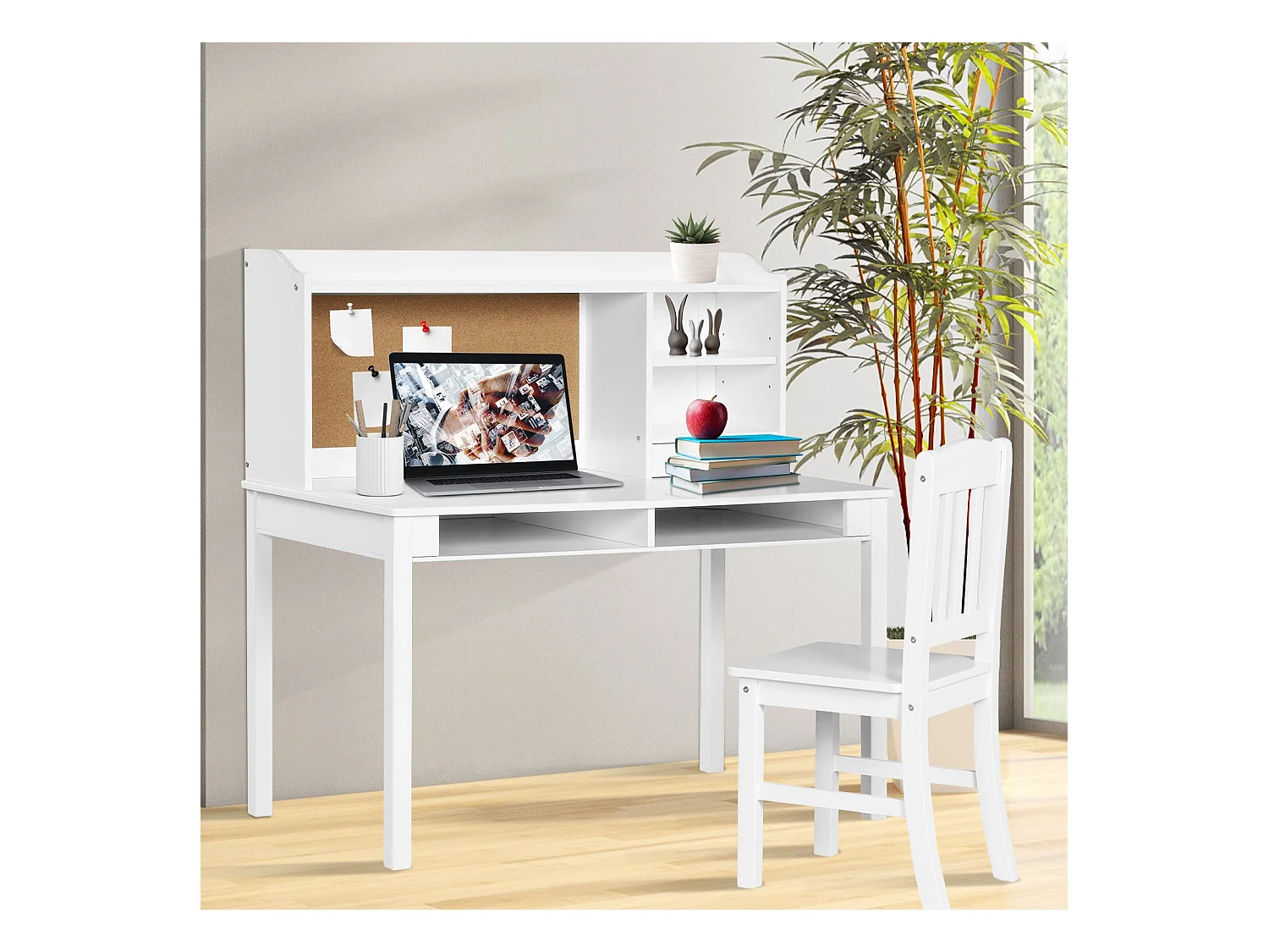 Kinderschreibtisch Set mit Pinnwand Schreibtisch Kinder mit Stuhl Jugendschreibtisch mit Aufsatz Schubladen & verstellbarem Regal Weiß