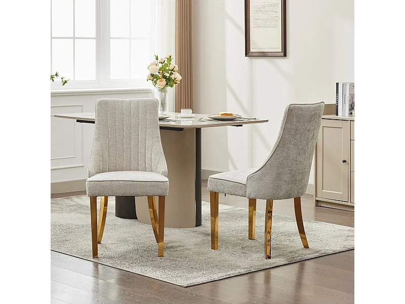 Set van 2 beige stoelen met gouden poten, gevlokte chenille in rayon