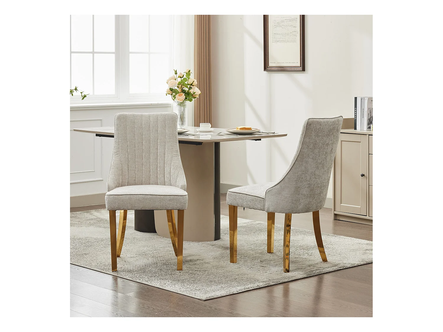 Lot de 2 chaises beige avec pieds dorés, chenille floquée en rayonne