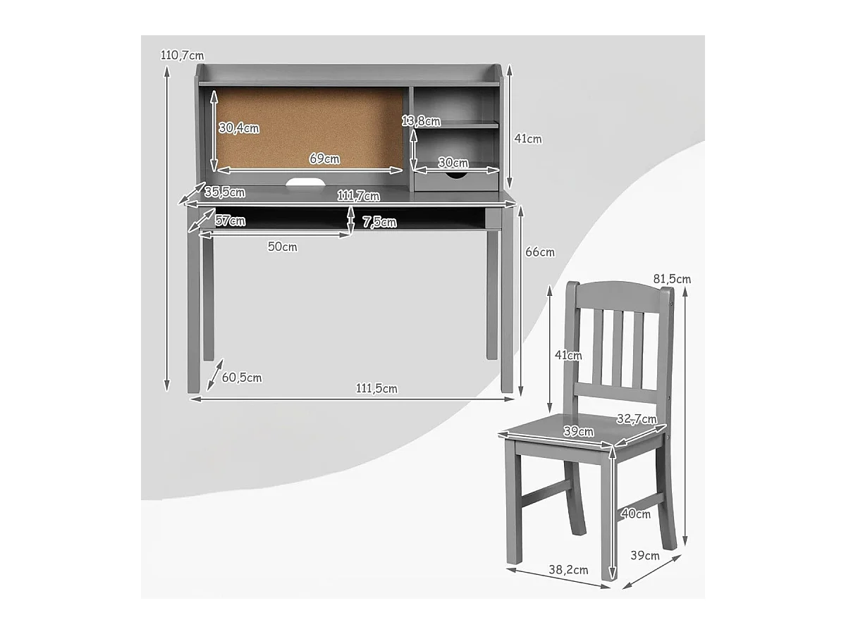 Kinderschreibtisch Set mit Pinnwand Kinder Schreibtisch mit Stuhl Schülerschreibtisch Grau