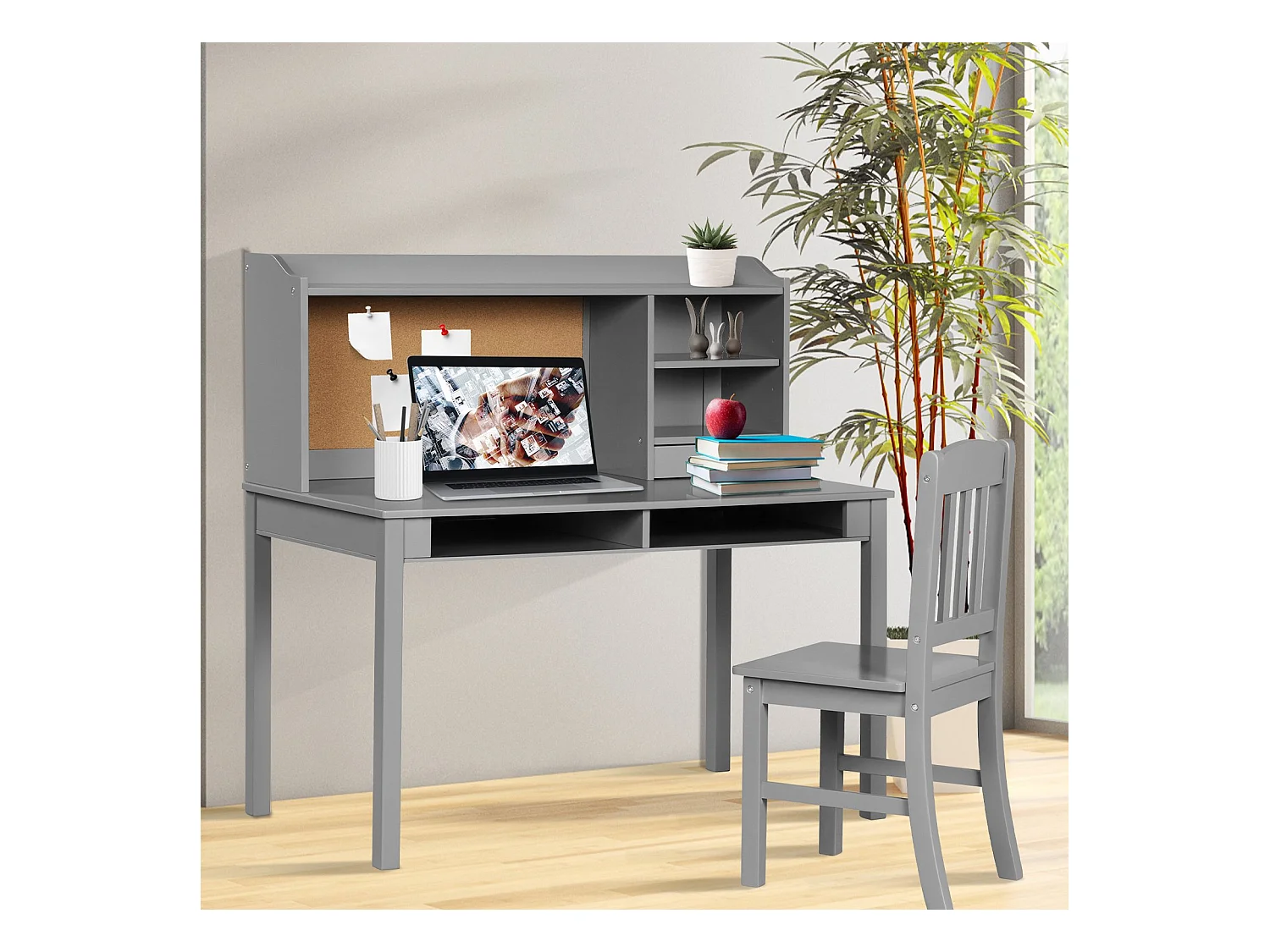 Kinderschreibtisch Set mit Pinnwand Kinder Schreibtisch mit Stuhl Schülerschreibtisch Grau