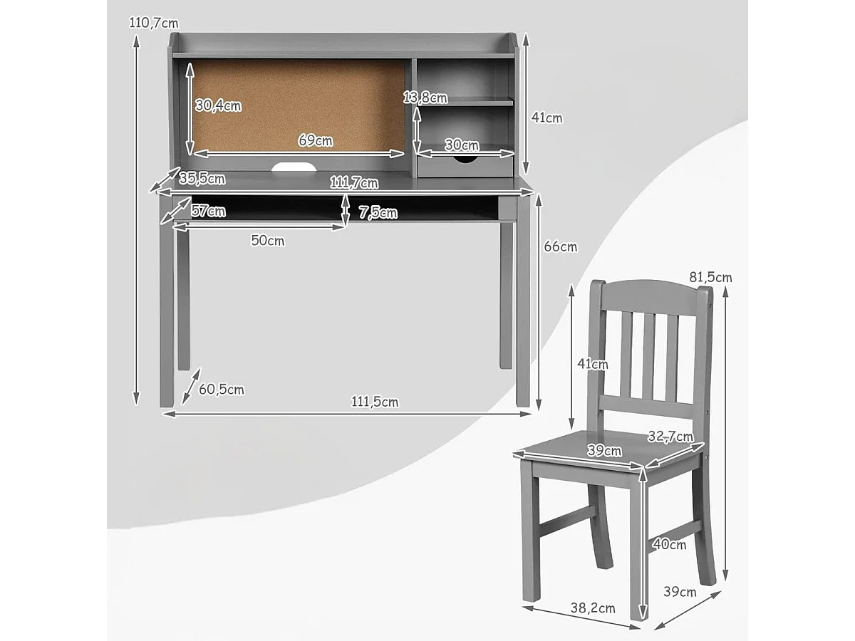 Set di scrivanie per bambini con bacheca Scrivania per bambini con sedia Scrivania per studenti grigia