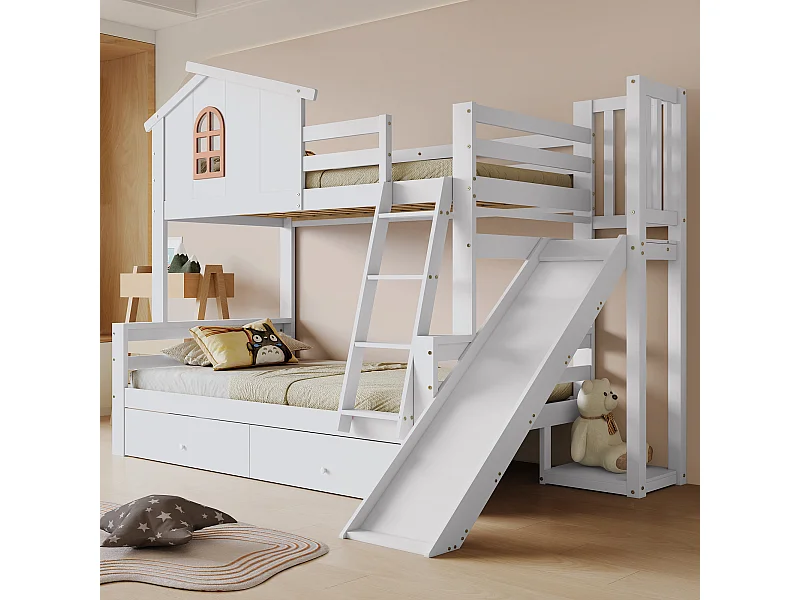 Letto a castello bianco 90x200cm e 120x200cm con 2 cassetti, scivolo e scaletta, rete a doghe (senza materasso)