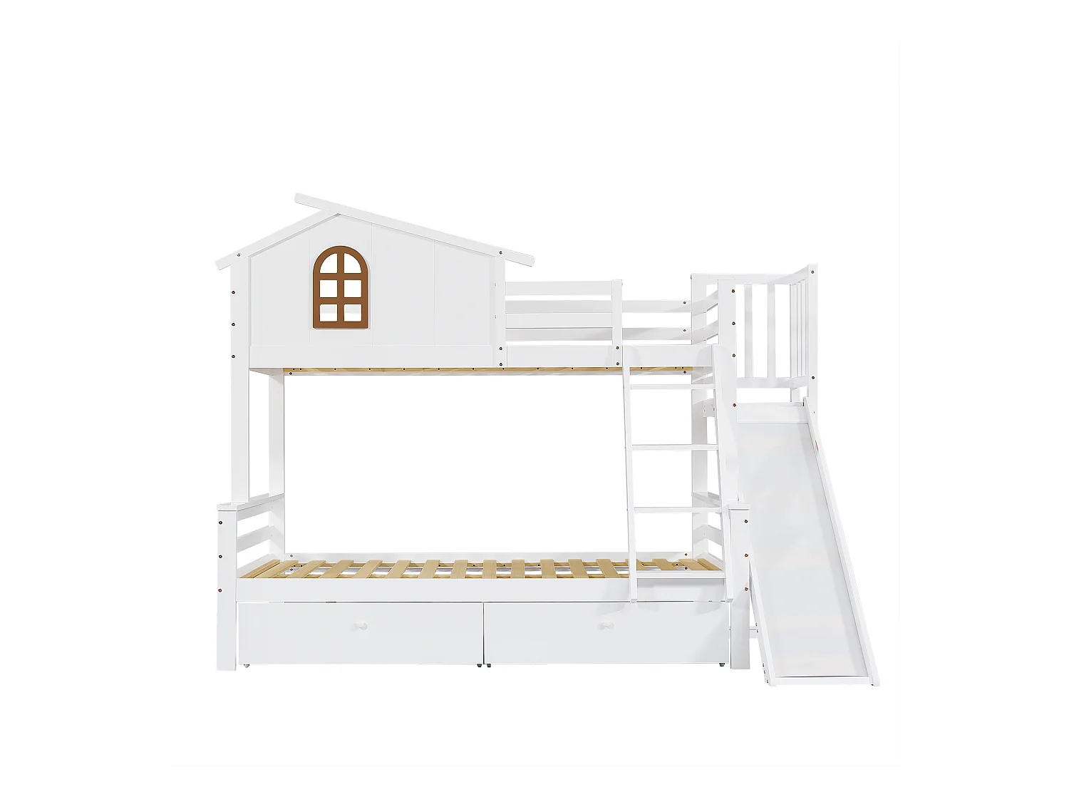 Lit superposé blanc 90x200cm et 120x200cm avec 2 tiroirs, toboggan et échelle, sommier à lattes (sans matelas)