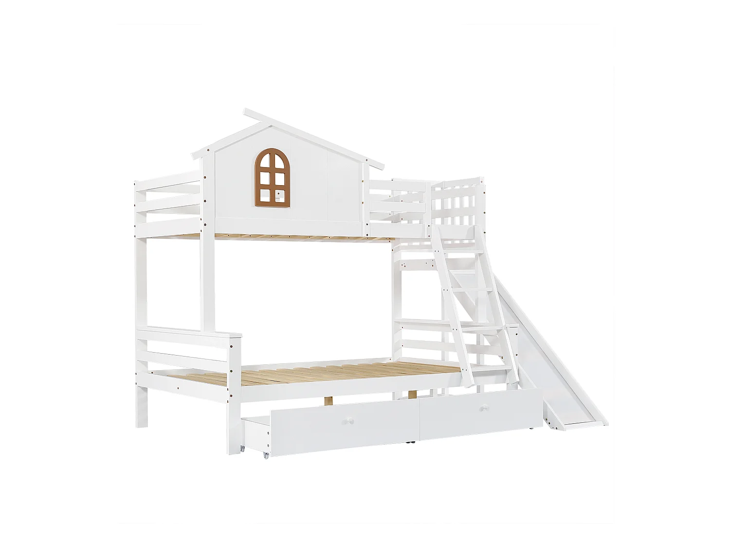 Lit superposé blanc 90x200cm et 120x200cm avec 2 tiroirs, toboggan et échelle, sommier à lattes (sans matelas)