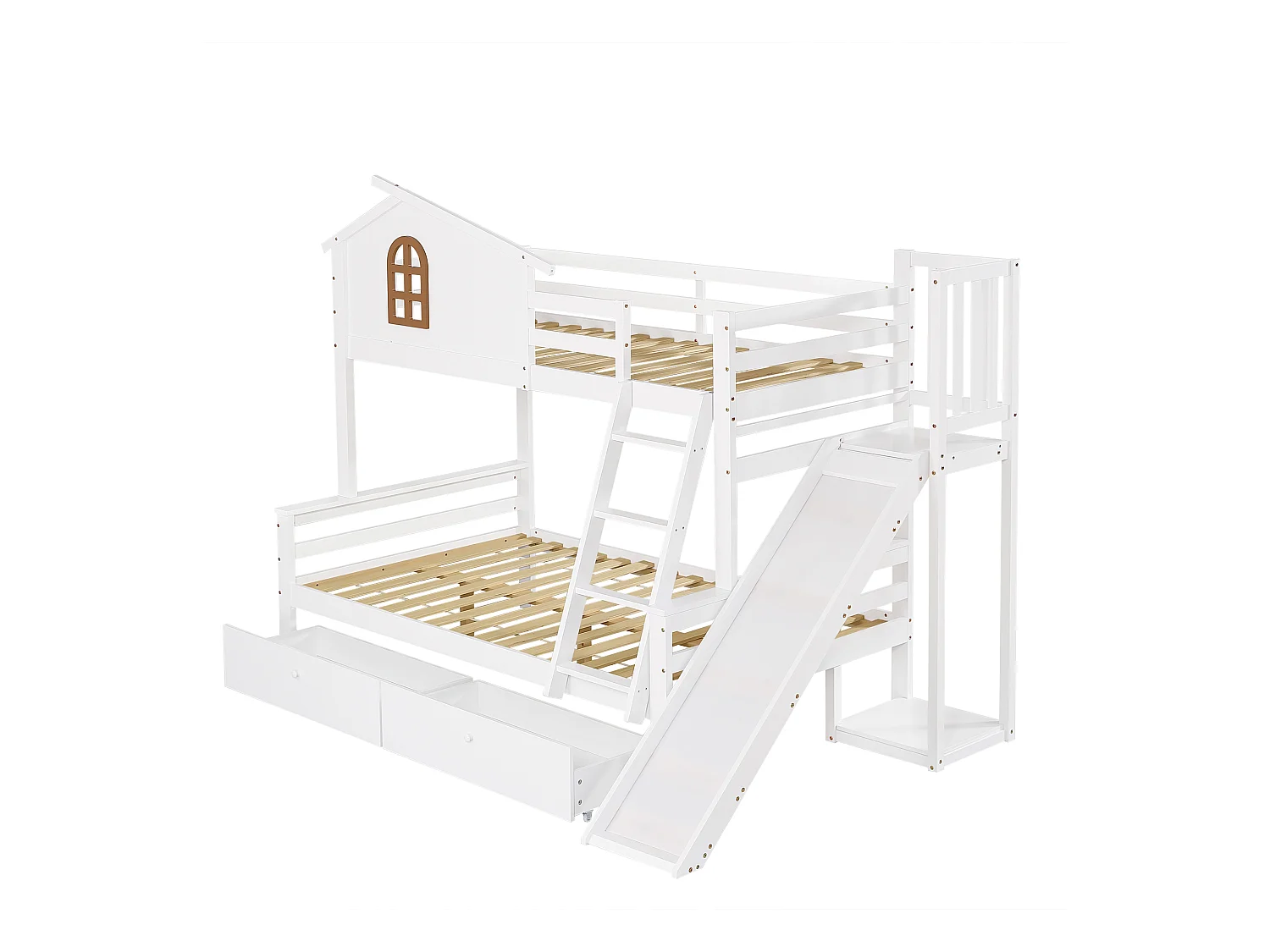 Lit superposé blanc 90x200cm et 120x200cm avec 2 tiroirs, toboggan et échelle, sommier à lattes (sans matelas)