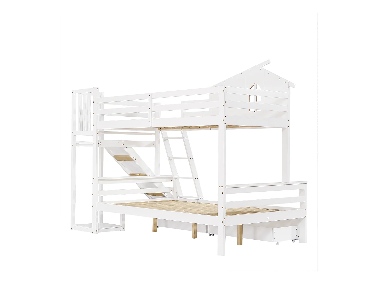 Lit superposé blanc 90x200cm et 120x200cm avec 2 tiroirs, toboggan et échelle, sommier à lattes (sans matelas)