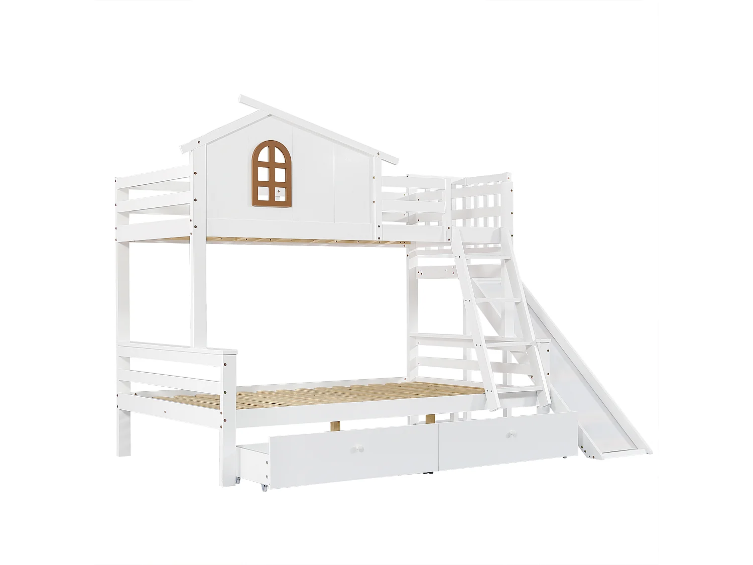 Lit superposé blanc 90x200cm et 120x200cm avec 2 tiroirs, toboggan et échelle, sommier à lattes (sans matelas)