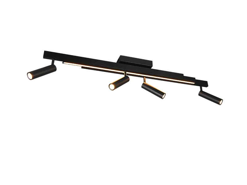 Plafoniera LED 4 luci, metallo, nero opaco, 133x23x8,5 cm, Zeno