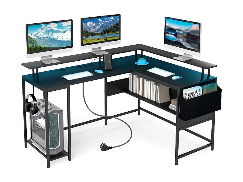 L-förmiger Schreibtisch mit Steckdosen & LED-Beleuchtung & Monitorständer Eckschreibtisch